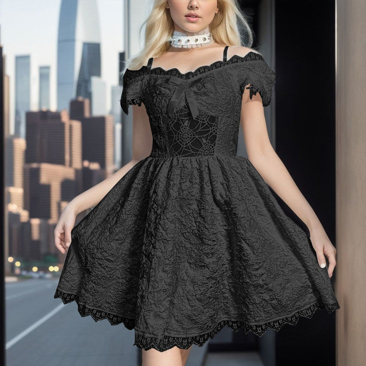 Lace Off-Shoulder Sweetheart Bow-Front A-Line Mini Dress 2
