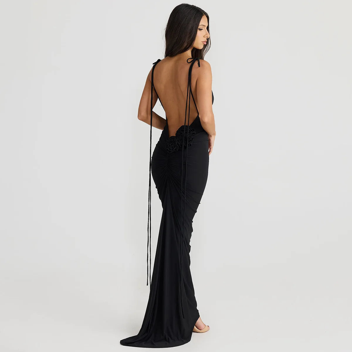 Floral-applique Backless Maxi Christmas Party Dress - Fashionpara
