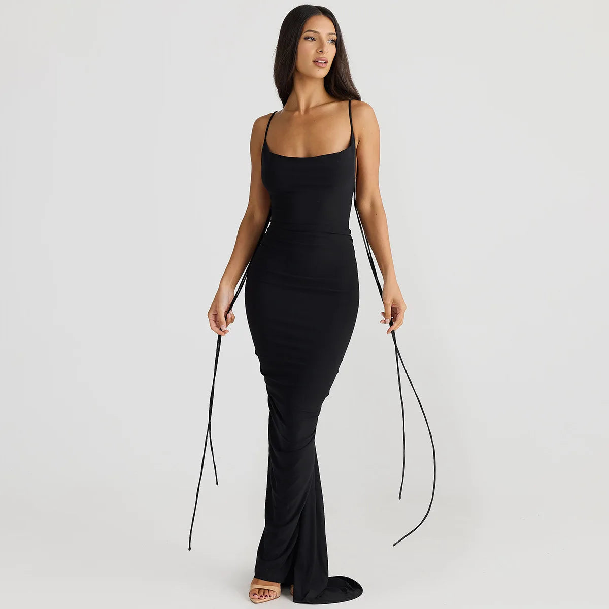 Halter Neck Open Back Rosette Ruched Maxi Dress