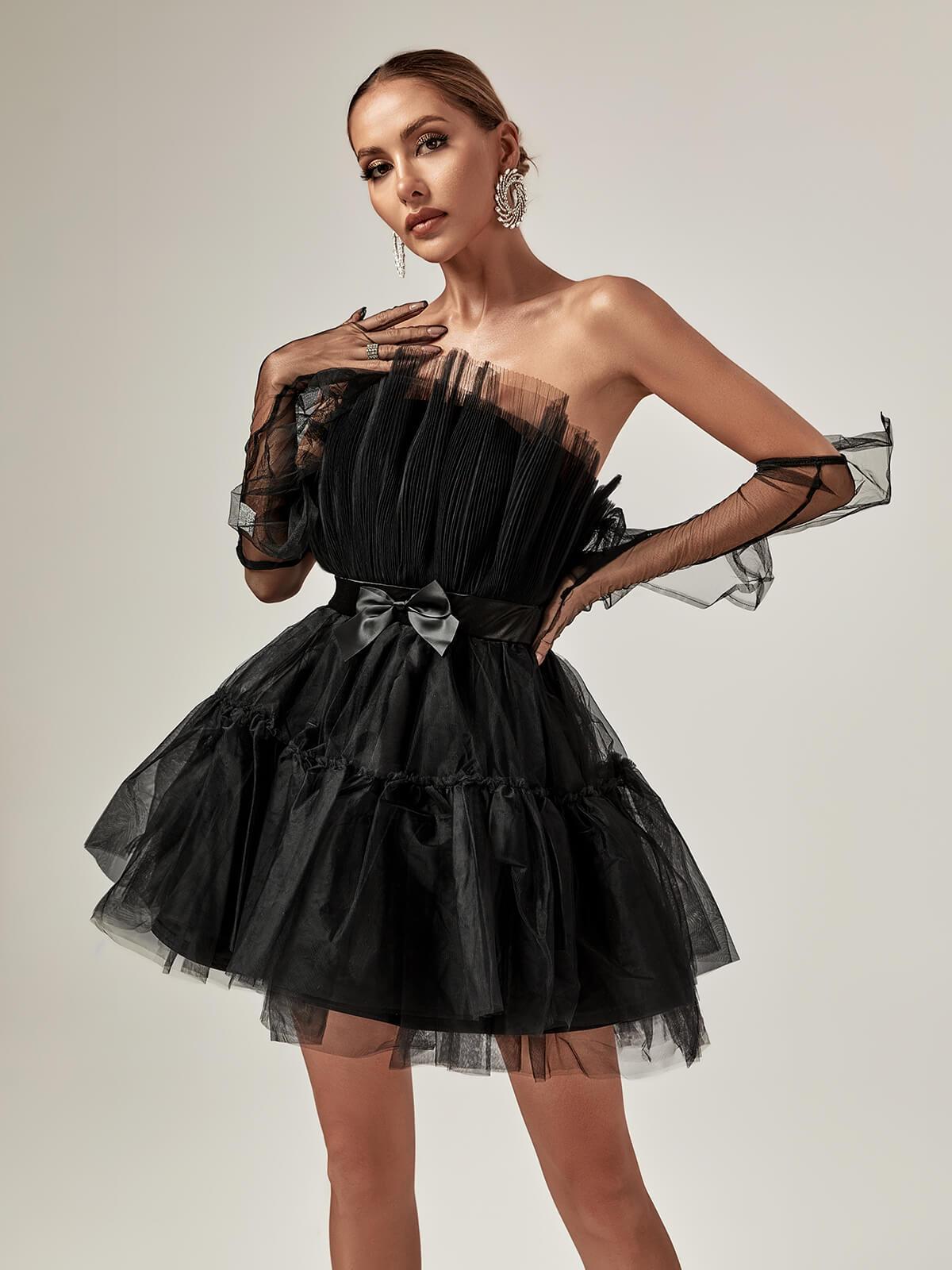 Guinevere Strapless Mesh Mini Dress In Black