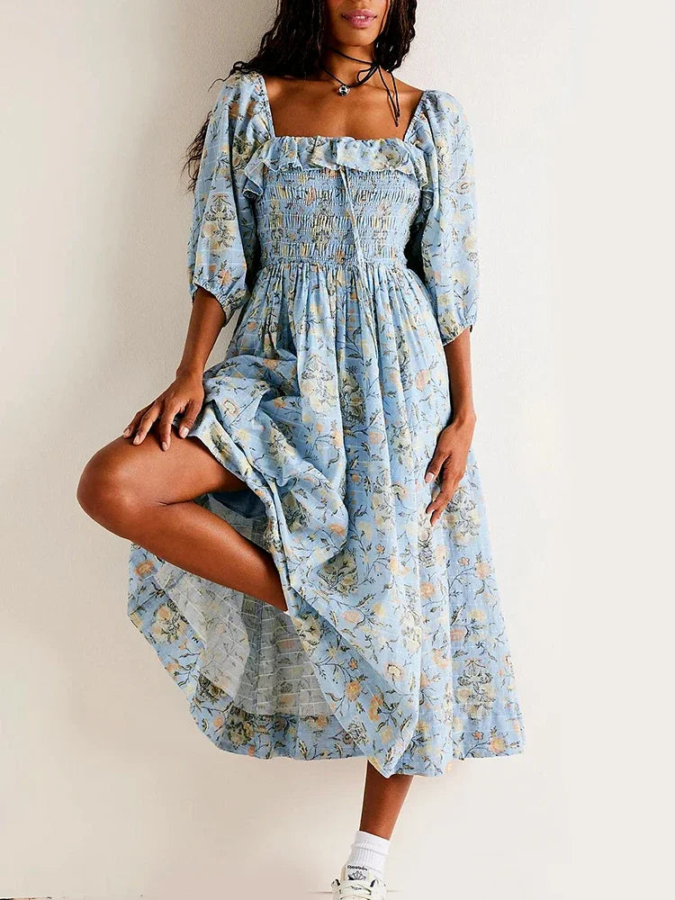 Chic Boho Backless Ruffle Floral Dress