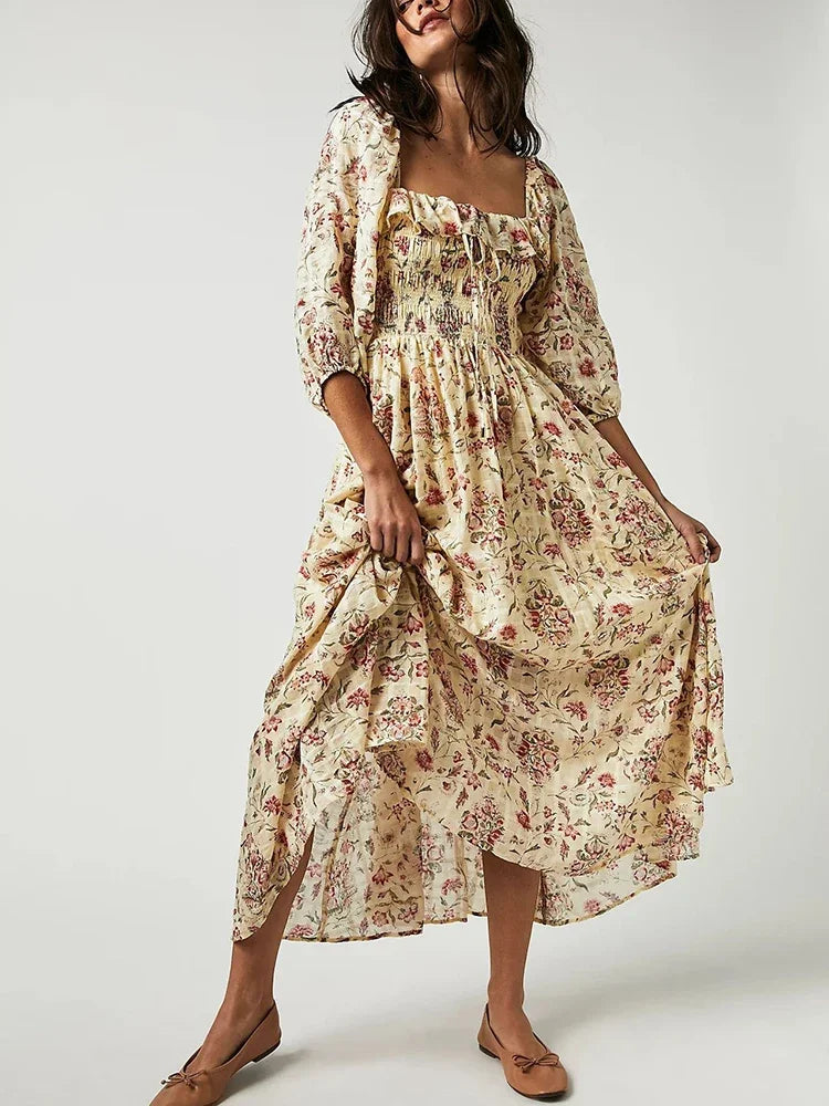 Chic Boho Backless Ruffle Floral Dress