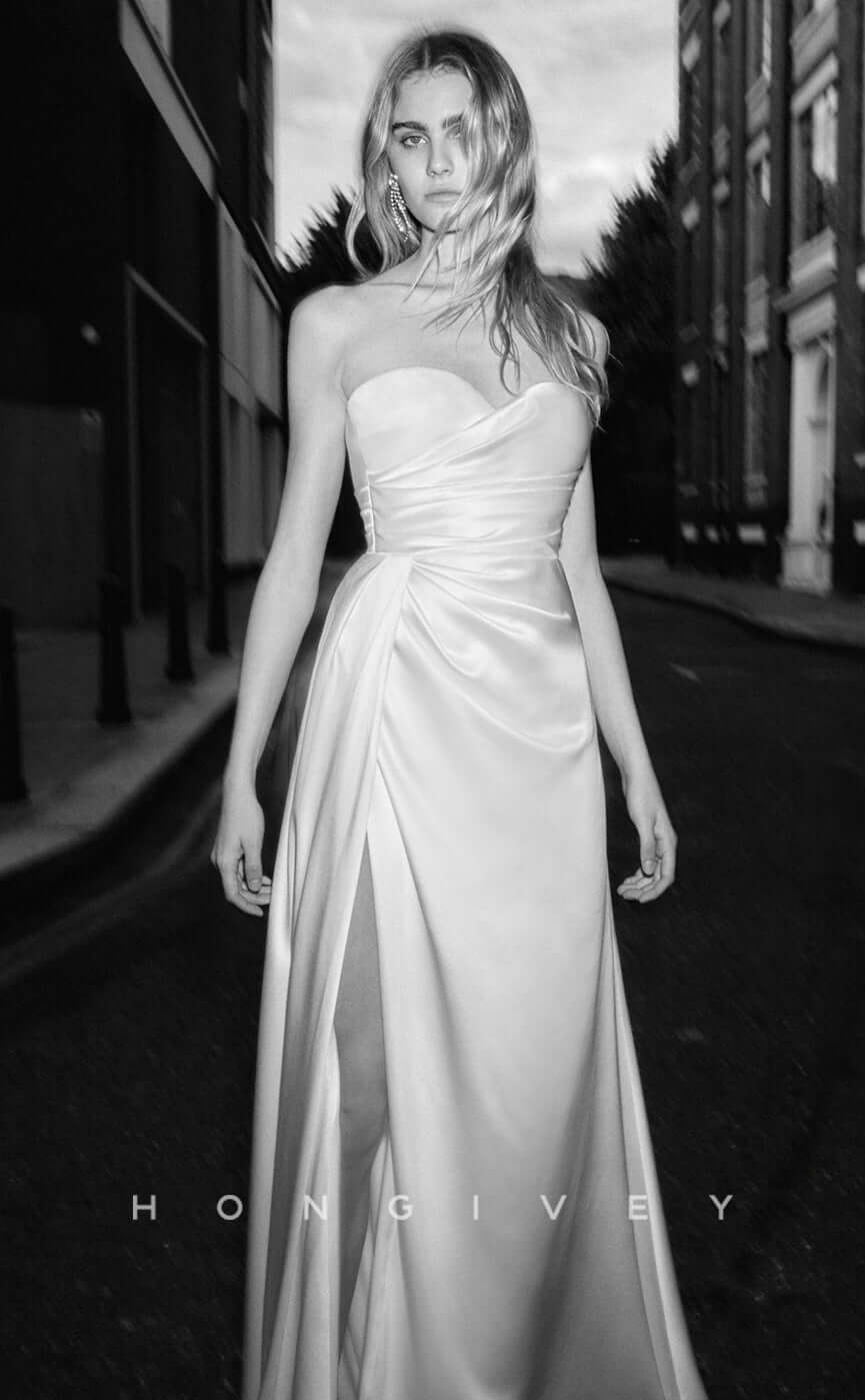 H0804 - Ruched High Slit Strapless Open Back Sleeveless With Train Wedding Dress - Fashionpara