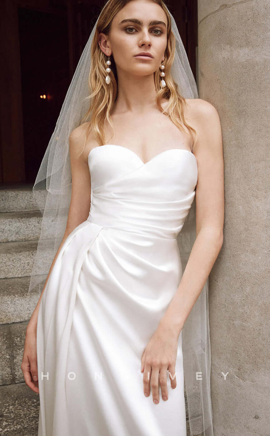 H0804 - Ruched High Slit Strapless Open Back Sleeveless With Train Wedding Dress - Fashionpara