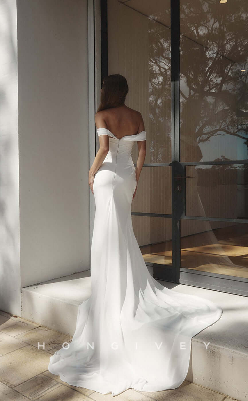 H0805 - Beaded Embellished Off Shoulder With Train Ruched Mermaid Wedding Dress - Fashionpara