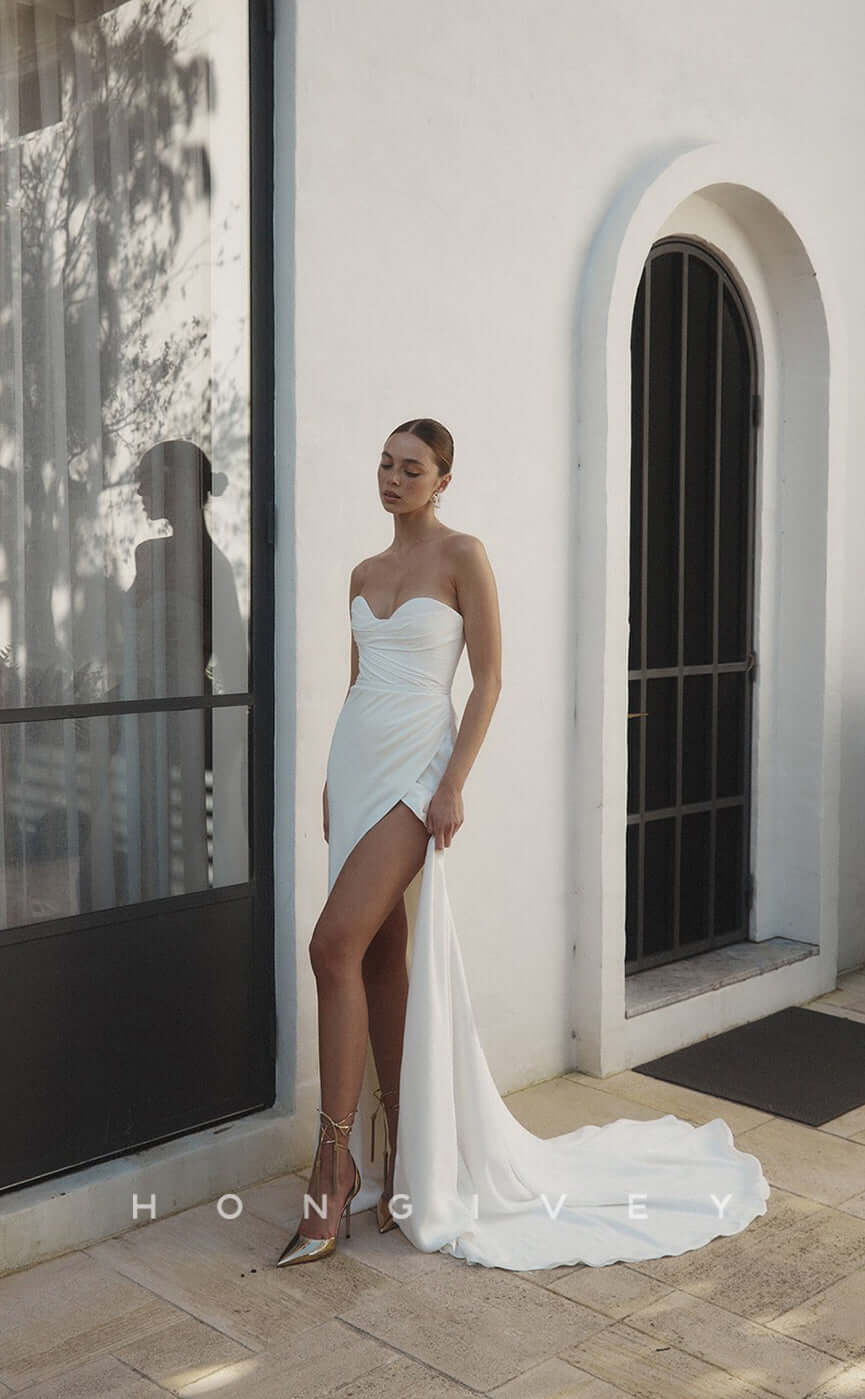 H0806- Strapless Off Shoulder Ruched High Slit With Train Wedding Dress - Fashionpara