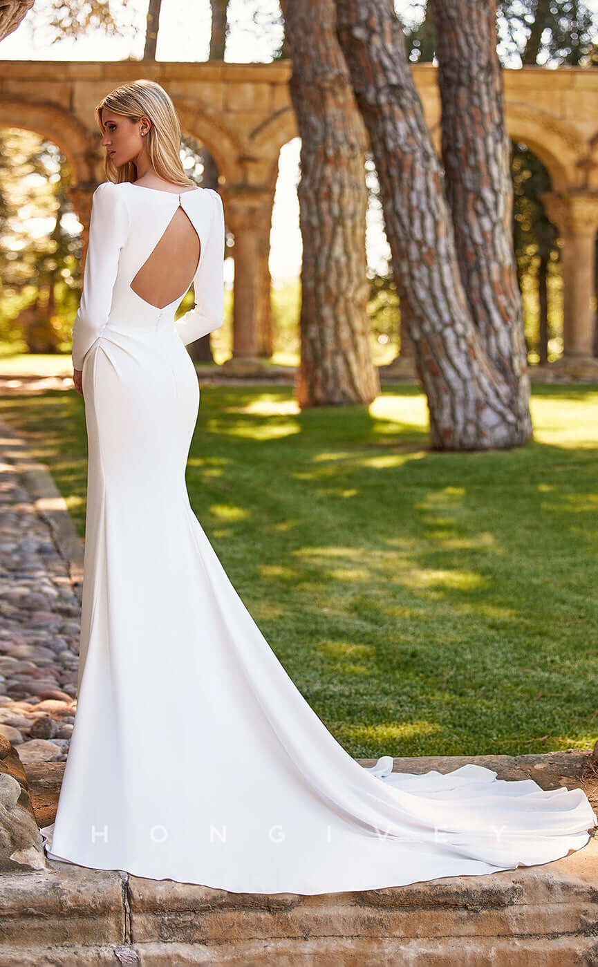 H0809 - Sheer Deep V-Neck Backless Mermaid Long Sleeve With Train Wedding Dress - Fashionpara