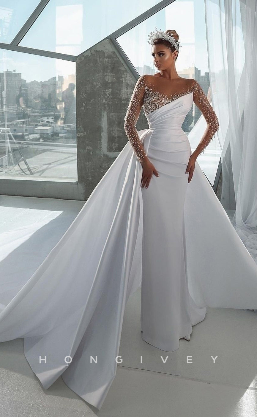 H0816 - Illusion Cutout Rhinestone Beaded Sparkly With Train Wedding Dress - Fashionpara