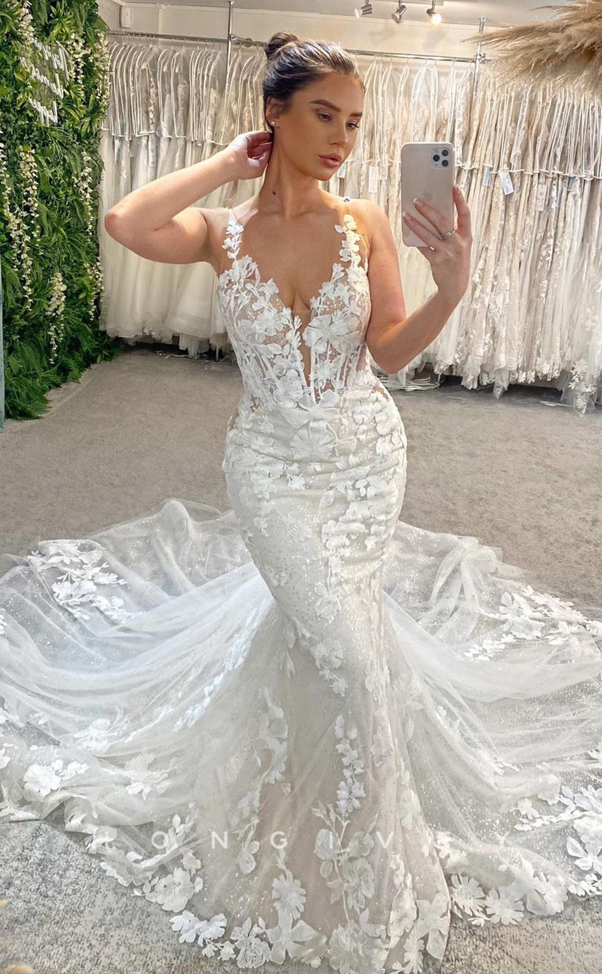 H0841 - Fully Floral Appliqued Plunging Illusion Mermaid With Tulle Train Rustic Wedding Dress - Fashionpara