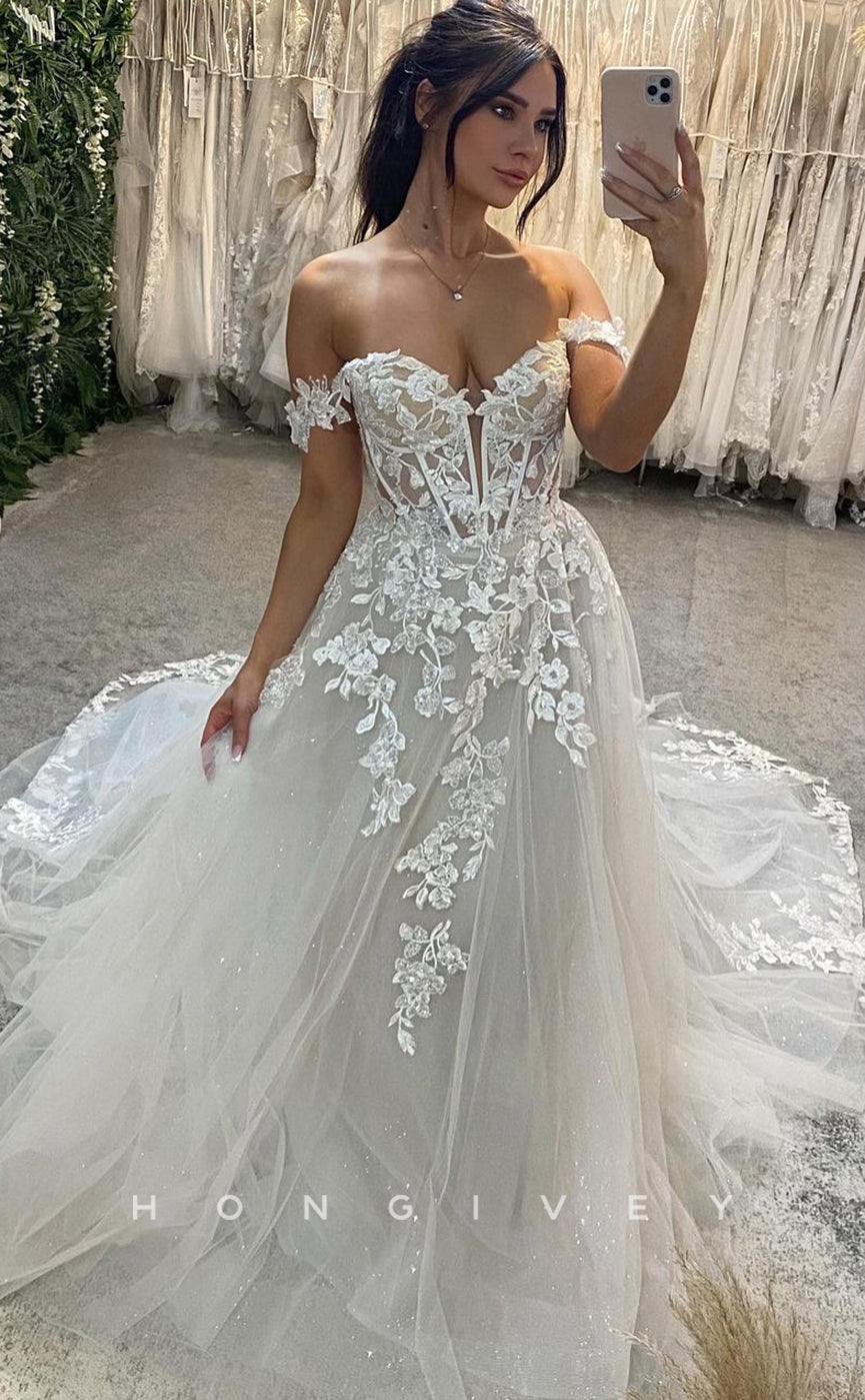 H0842 - Fully Floral Appliqued Plunging Illusion With TulleTrain Princess Wedding Dress - Fashionpara