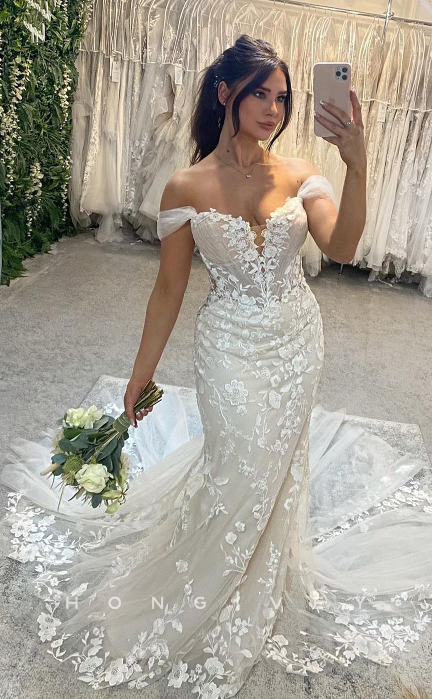 H0843 - Fully Floral Appliqued Lace Plunging Illusion Mermaid With TulleTrain Romantic Wedding Dress - Fashionpara