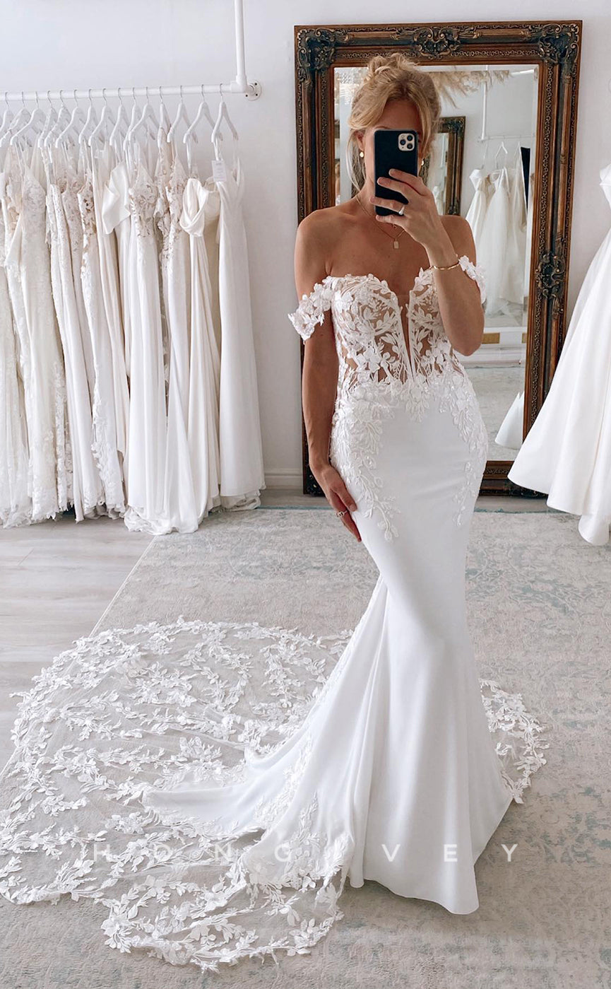 H0892 - Fully Floral Lace Embroidered Plunging Illusion Mermaid With Train Wedding Dress - Fashionpara
