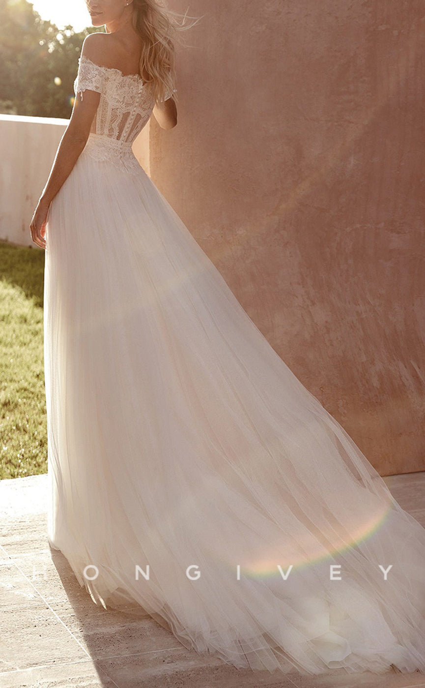 H0896 - Illusion Floral Lace Embroidered With Train And Slit Long Wedding Dress - Fashionpara
