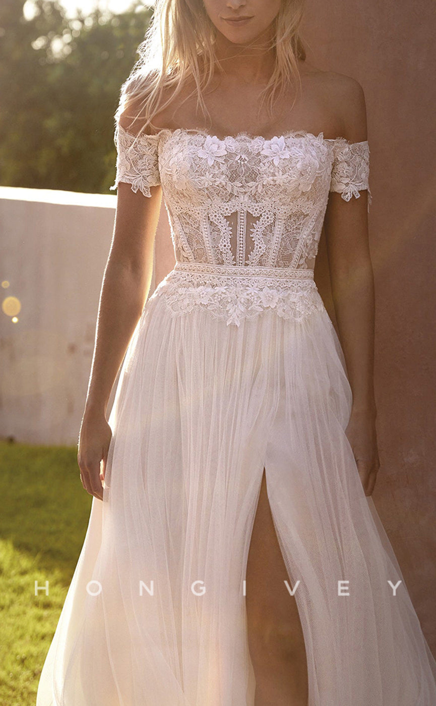 H0896 - Illusion Floral Lace Embroidered With Train And Slit Long Wedding Dress - Fashionpara