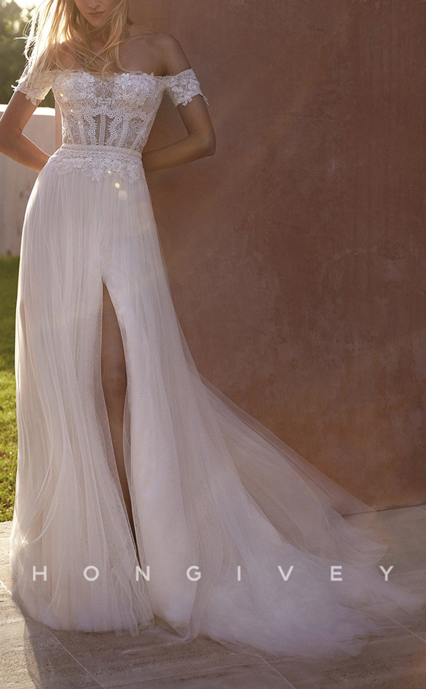 H0896 - Illusion Floral Lace Embroidered With Train And Slit Long Wedding Dress - Fashionpara