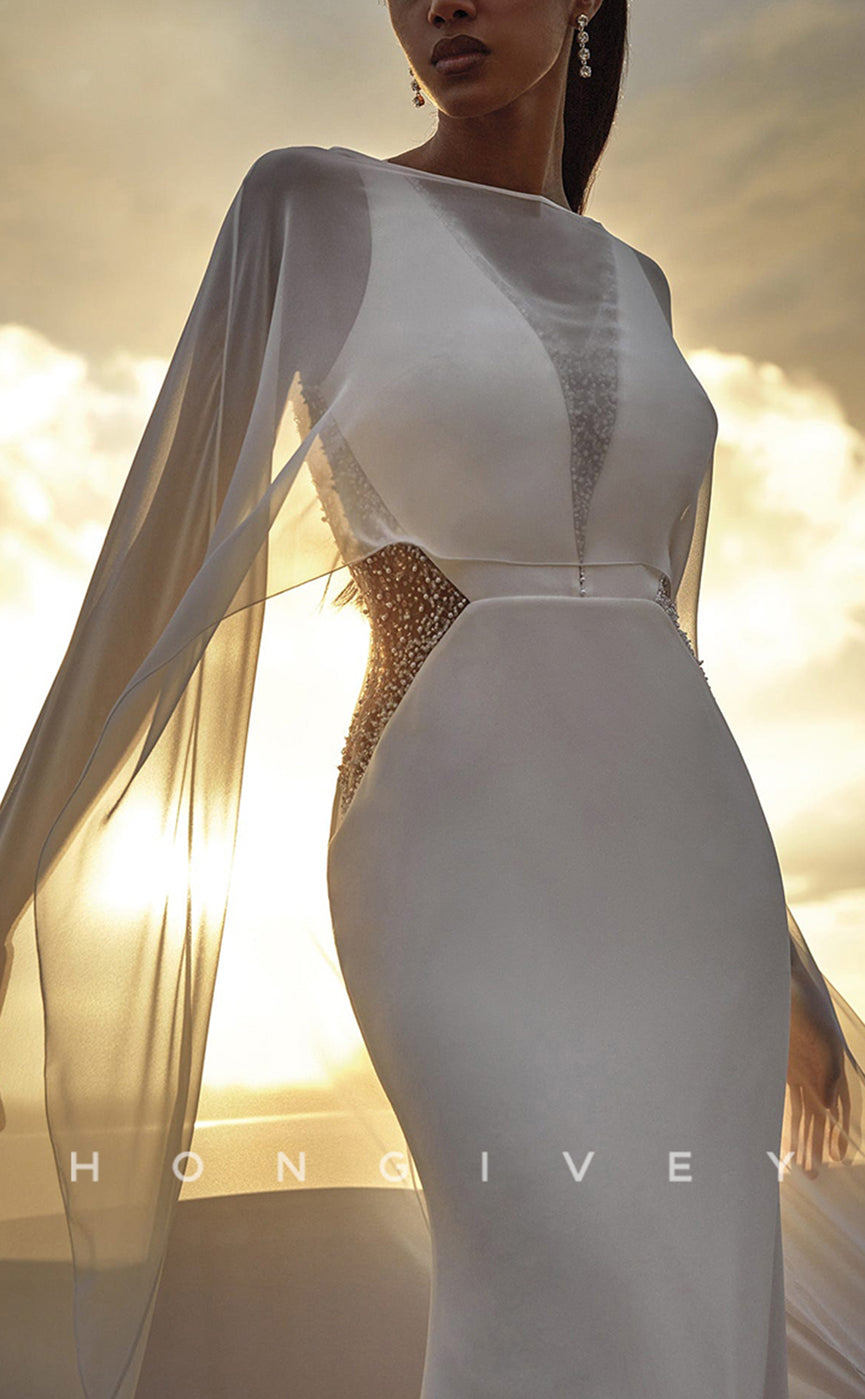 H0901 - Sheer Crystal Beaded Plunging Illusion With Train And Overlay Long Wedding Dress - Fashionpara