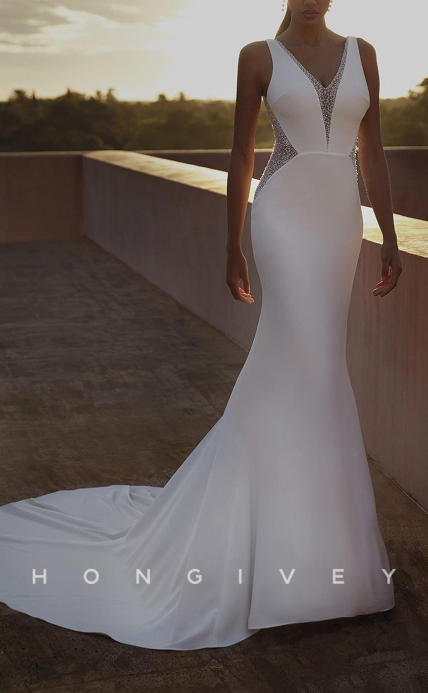H0901 - Sheer Crystal Beaded Plunging Illusion With Train And Overlay Long Wedding Dress - Fashionpara