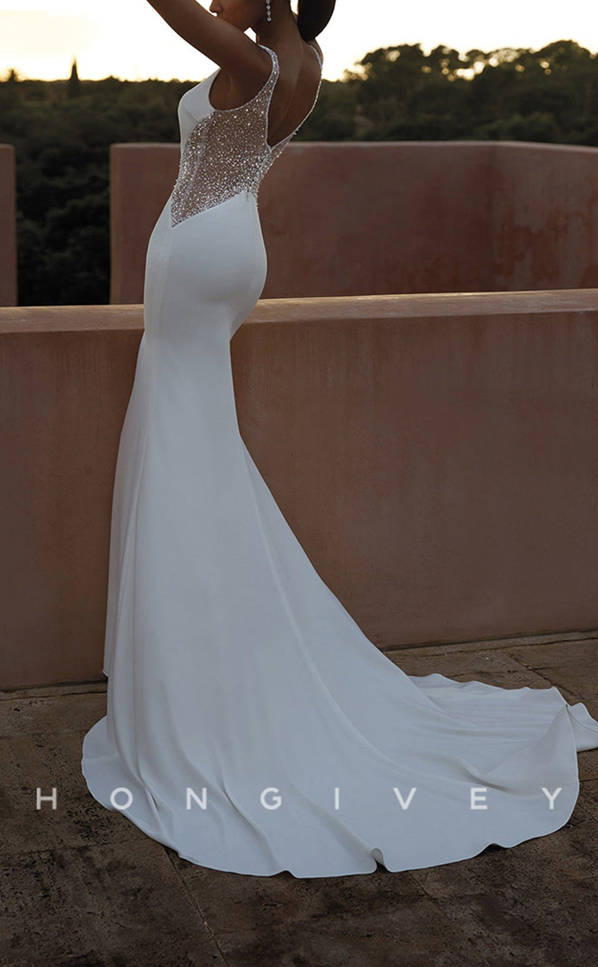 H0901 - Sheer Crystal Beaded Plunging Illusion With Train And Overlay Long Wedding Dress - Fashionpara