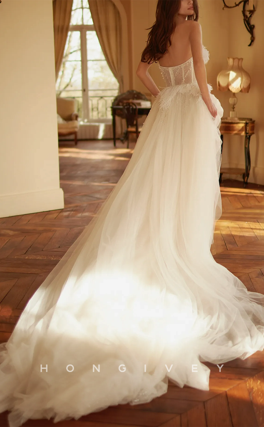 H0932 - Illusion Feathered Crystal Beaded Strapless With Train Long Wedding Dress - Fashionpara