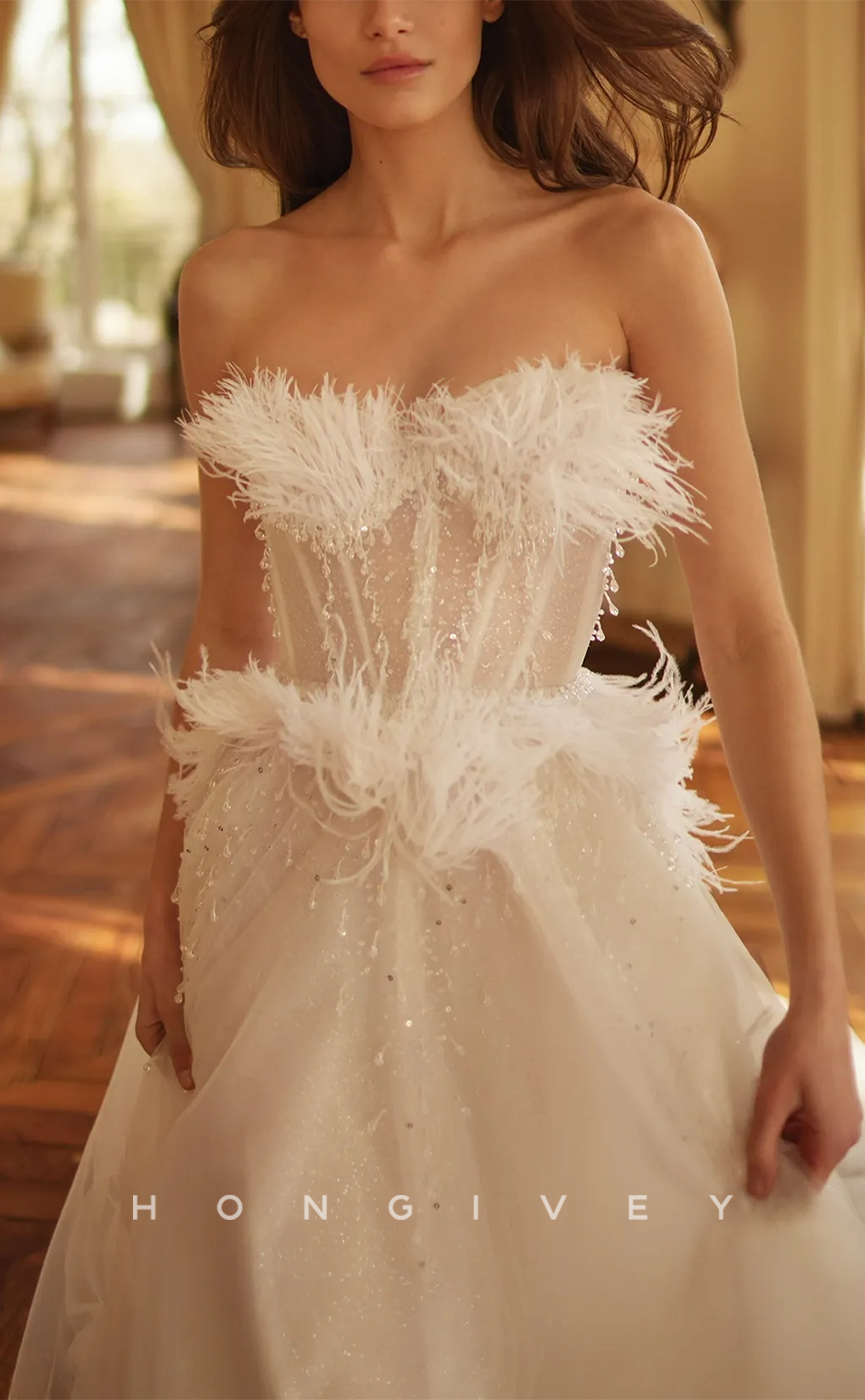 H0932 - Illusion Feathered Crystal Beaded Strapless With Train Long Wedding Dress - Fashionpara