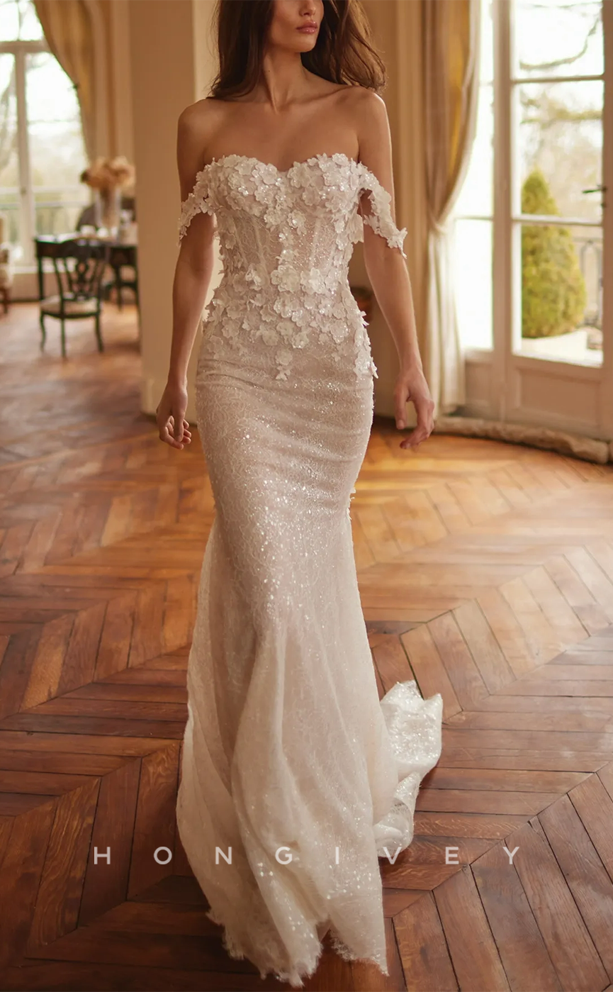 H0939 - Sparkly Floral Embossed Illusion With Train Long Wedding Dress - Fashionpara