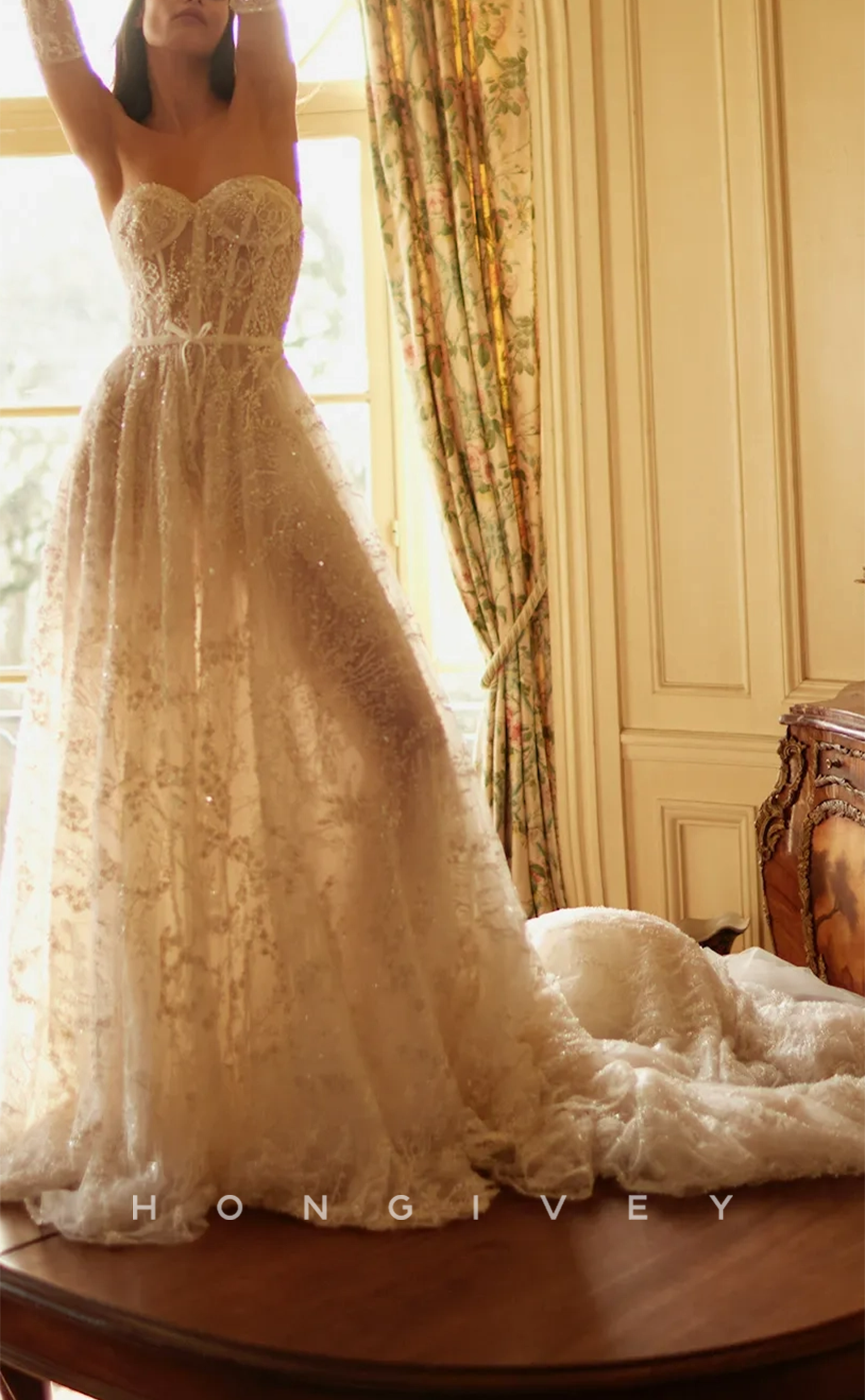 H0940 - Glitter Fully Lace Floral Embroidered Pearl Beaded Illusion With Train Long Wedding Dress - Fashionpara