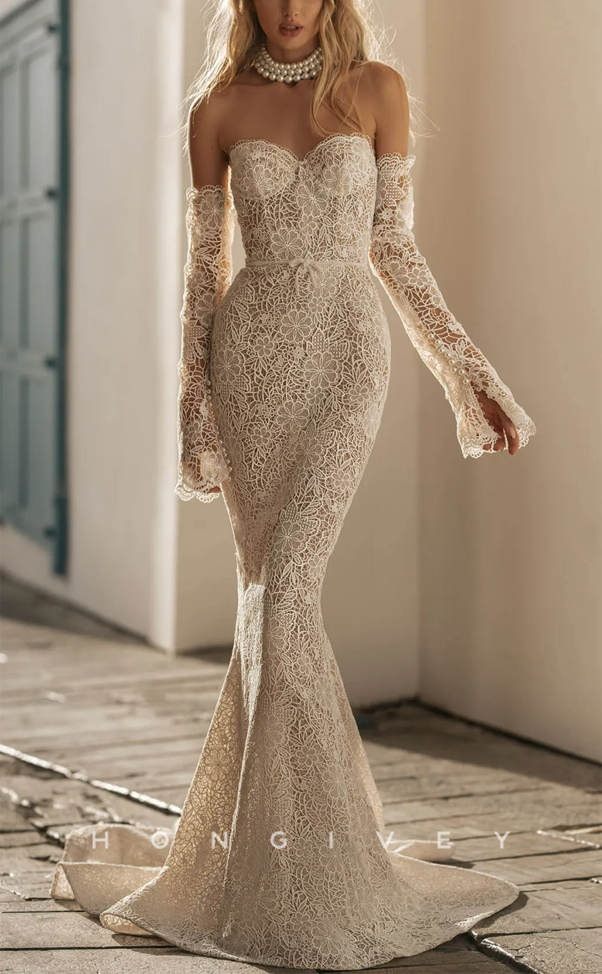 H0947 - Fully Lace Illusion Long Sleeves Mermaid With Train Long Wedding Dress - Fashionpara
