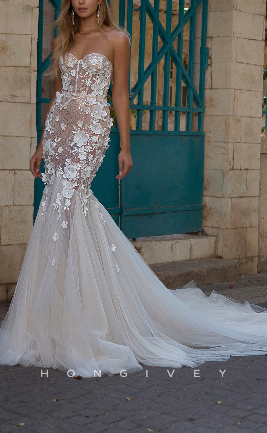 H0949 - Sparkly Floral Embossed Sheer Strapless With Train Long Wedding Dress - Fashionpara