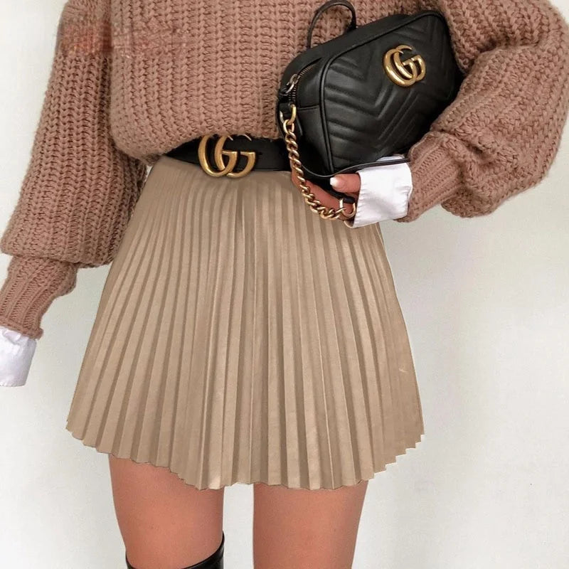 High Waist Pleated Faux Leather Skirt