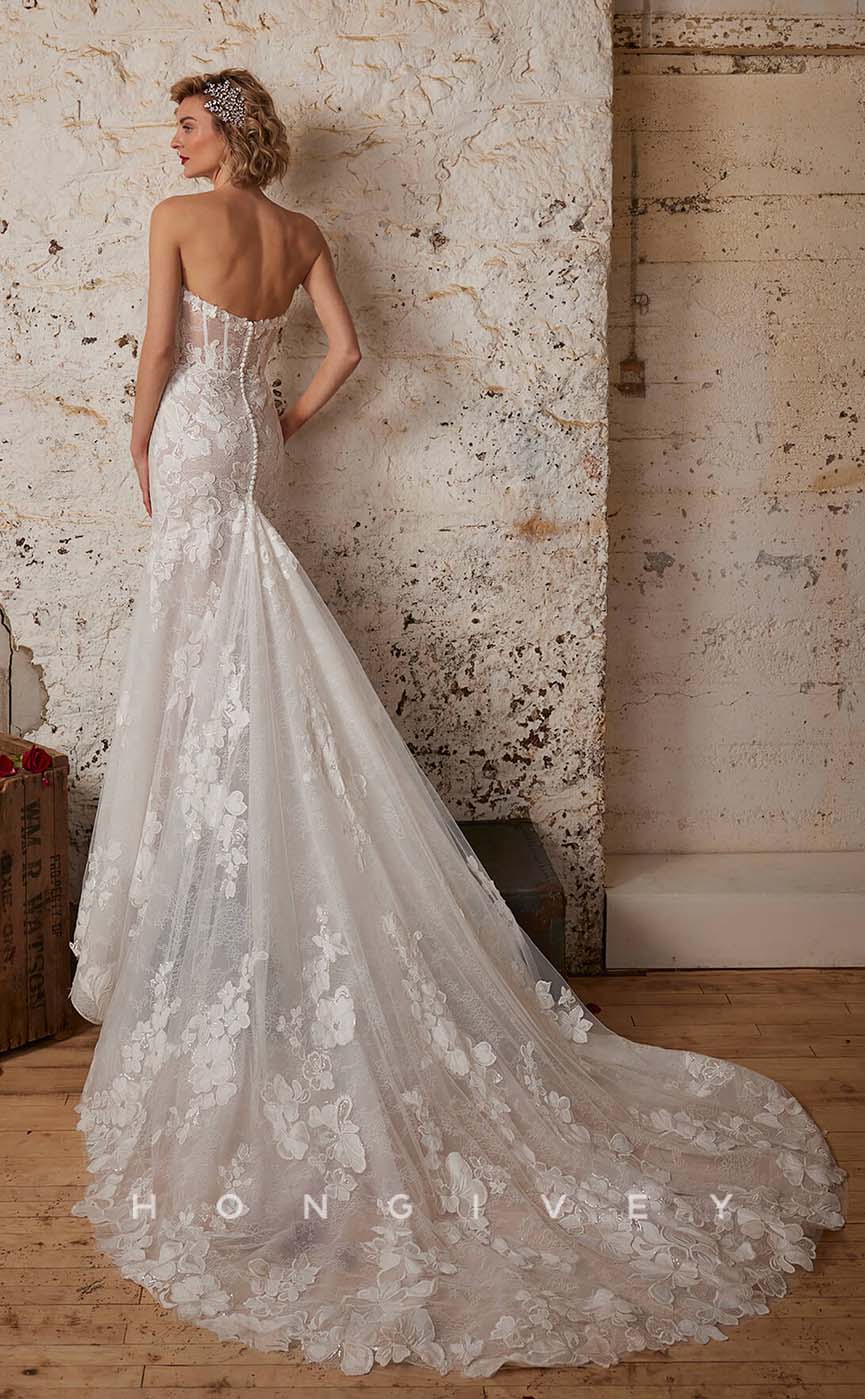 H1005 - Classic Illusion Lace Appliques Trumpet/Mermaid Long Boho/Beach Wedding Dress - Fashionpara