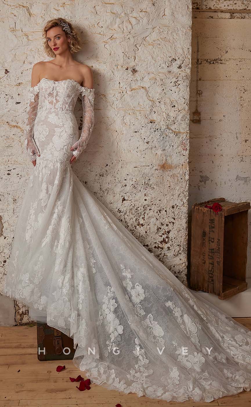 H1005 - Classic Illusion Lace Appliques Trumpet/Mermaid Long Boho/Beach Wedding Dress - Fashionpara