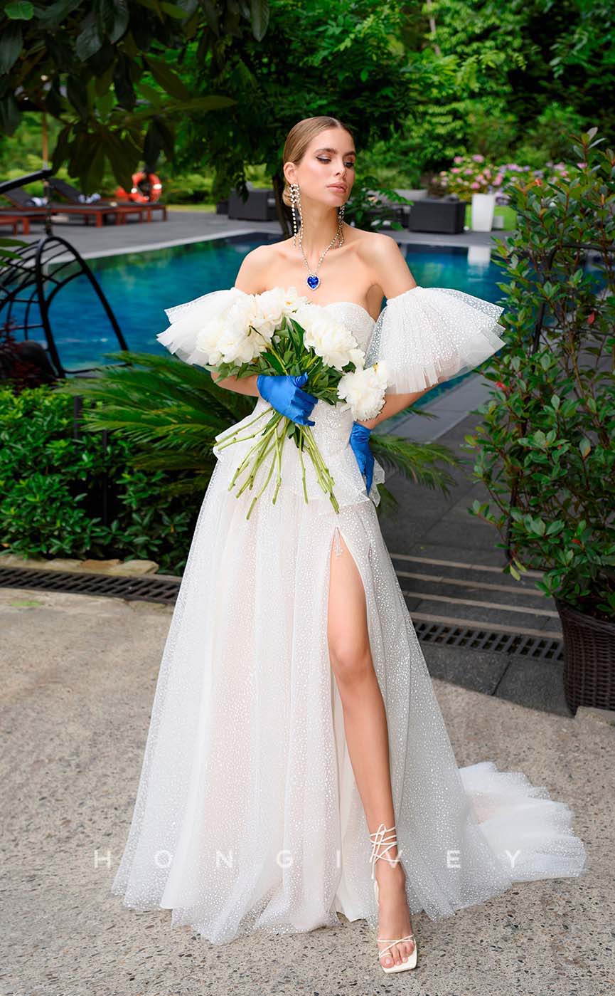 H1007 - Sexy Satin Sheer Sweetheart With Side Slit Long Beach/Bohemian Wedding Dress - Fashionpara