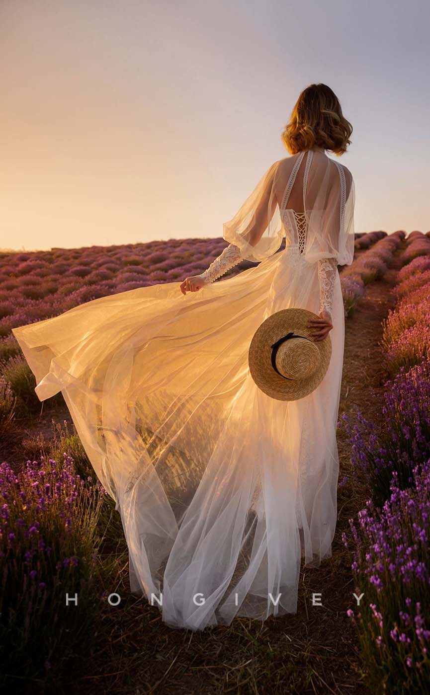 H1011 - Sexy Lace Sheer Empire Sweetheart Long Sleeve Long Bohemian/Beach Wedding Dress - Fashionpara