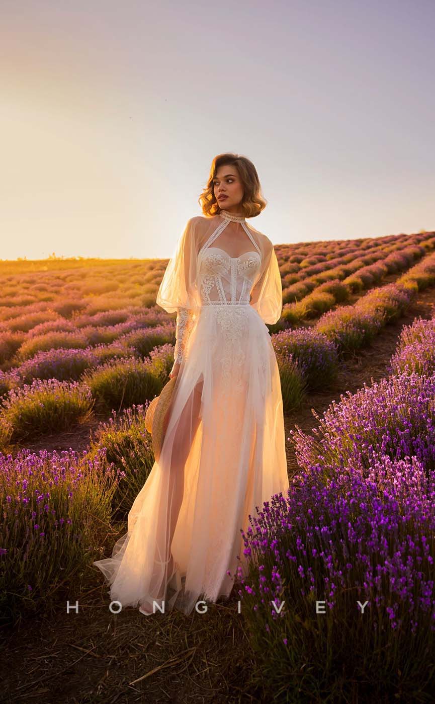 H1011 - Sexy Lace Sheer Empire Sweetheart Long Sleeve Long Bohemian/Beach Wedding Dress - Fashionpara