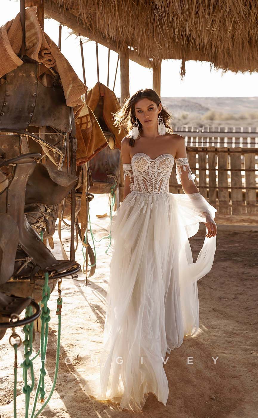 H1015 - Sexy Sweetheart Illusion Cutout Tulle Gown Long Beach/Bohemian Wedding Dress - Fashionpara