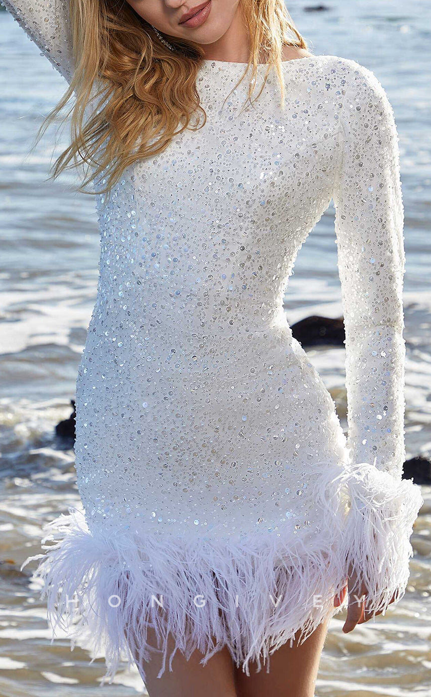 H1020 - Classic Fitted Fully Sequined Long Sleeves Feathered Short Wedding Dress - Fashionpara