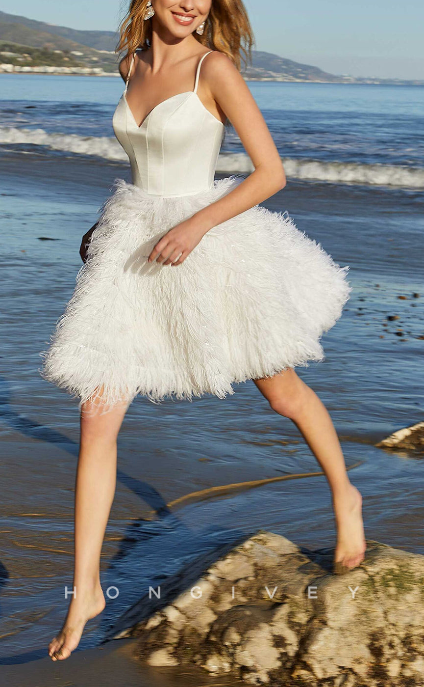 H1022 - Sweet V-Neck Spaghetti Straps Feathered Short Wedding Dress - Fashionpara
