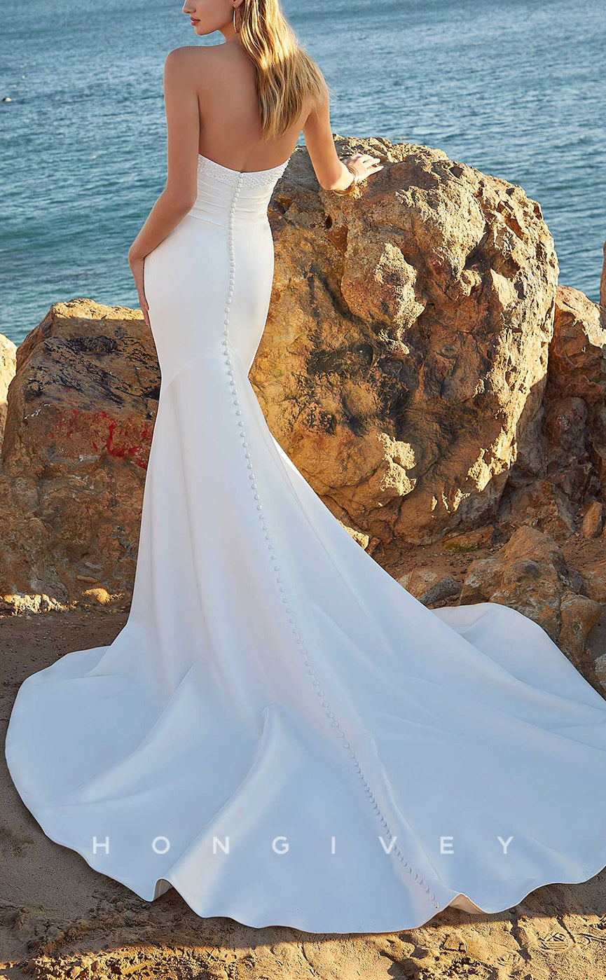 H1028 - Simple & Casual Strapless Sleeveless With Train Beach Wedding Dress - Fashionpara