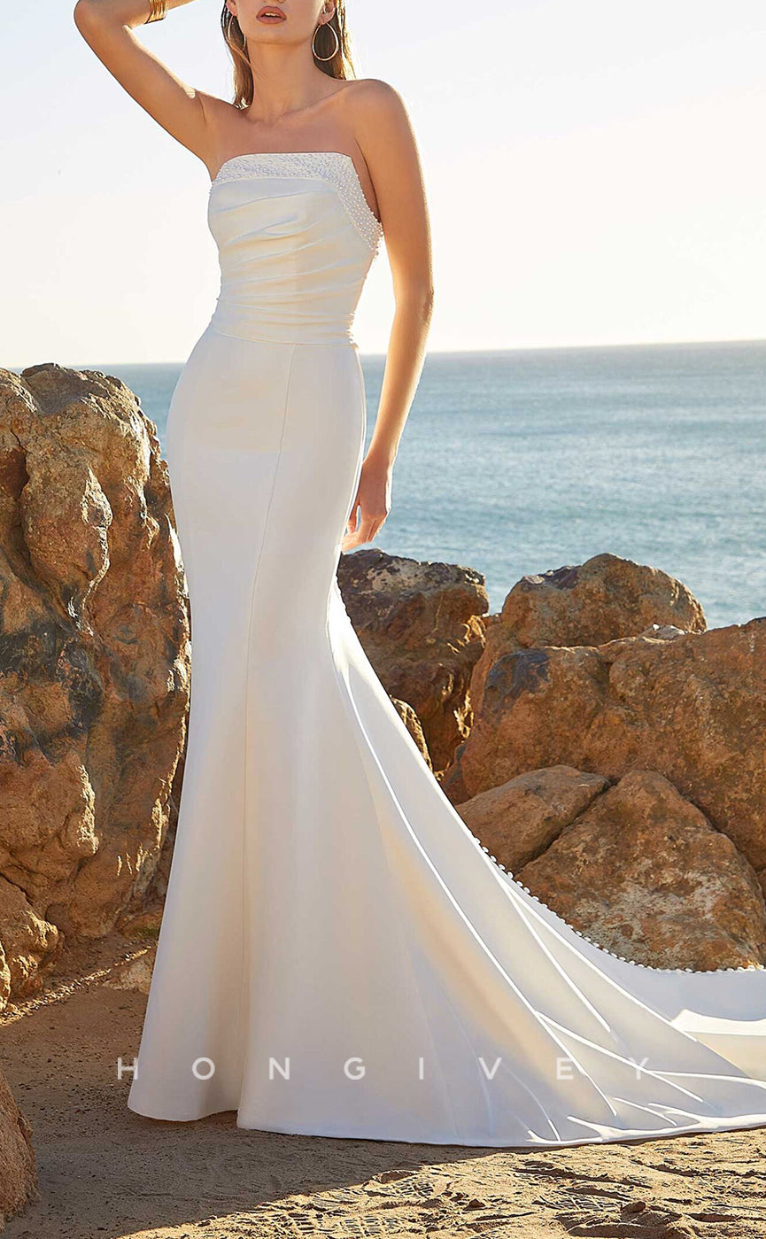 H1028 - Simple & Casual Strapless Sleeveless With Train Beach Wedding Dress - Fashionpara