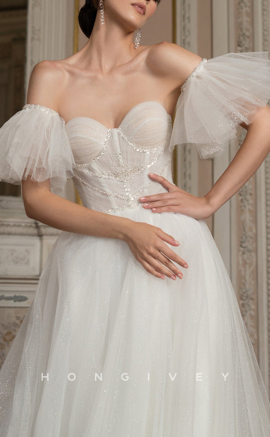 H1032 - Ornate Organza Sweetheart Strapless Puff Sleeves Gown Long Wedding Dress - Fashionpara