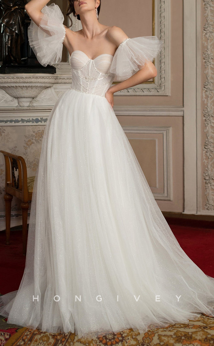 H1032 - Ornate Organza Sweetheart Strapless Puff Sleeves Gown Long Wedding Dress - Fashionpara