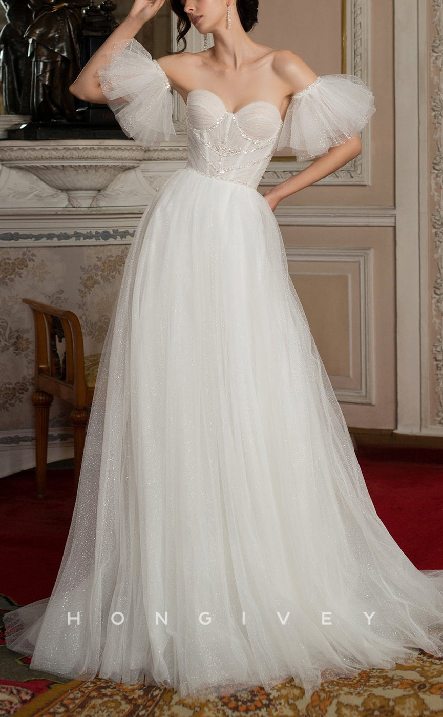 H1032 - Ornate Organza Sweetheart Strapless Puff Sleeves Gown Long Wedding Dress - Fashionpara