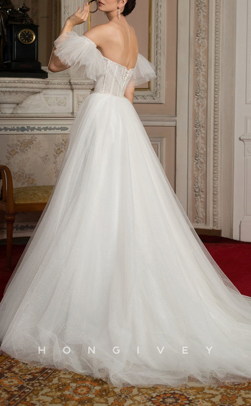 H1032 - Ornate Organza Sweetheart Strapless Puff Sleeves Gown Long Wedding Dress - Fashionpara
