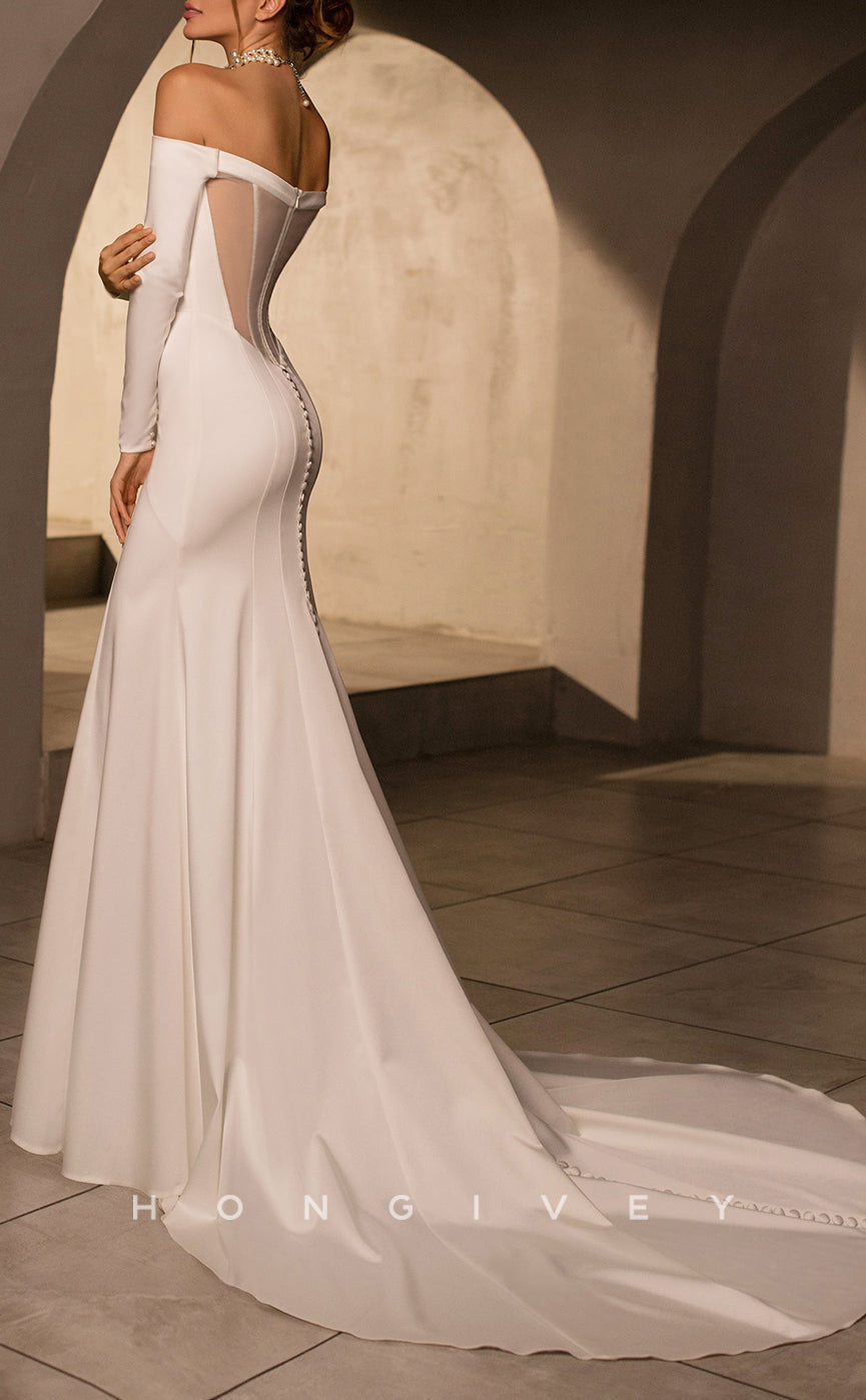 H1039 - Ornate Satin Strapless Long Sleeves Sheer Back Beach Wedding Dress - Fashionpara
