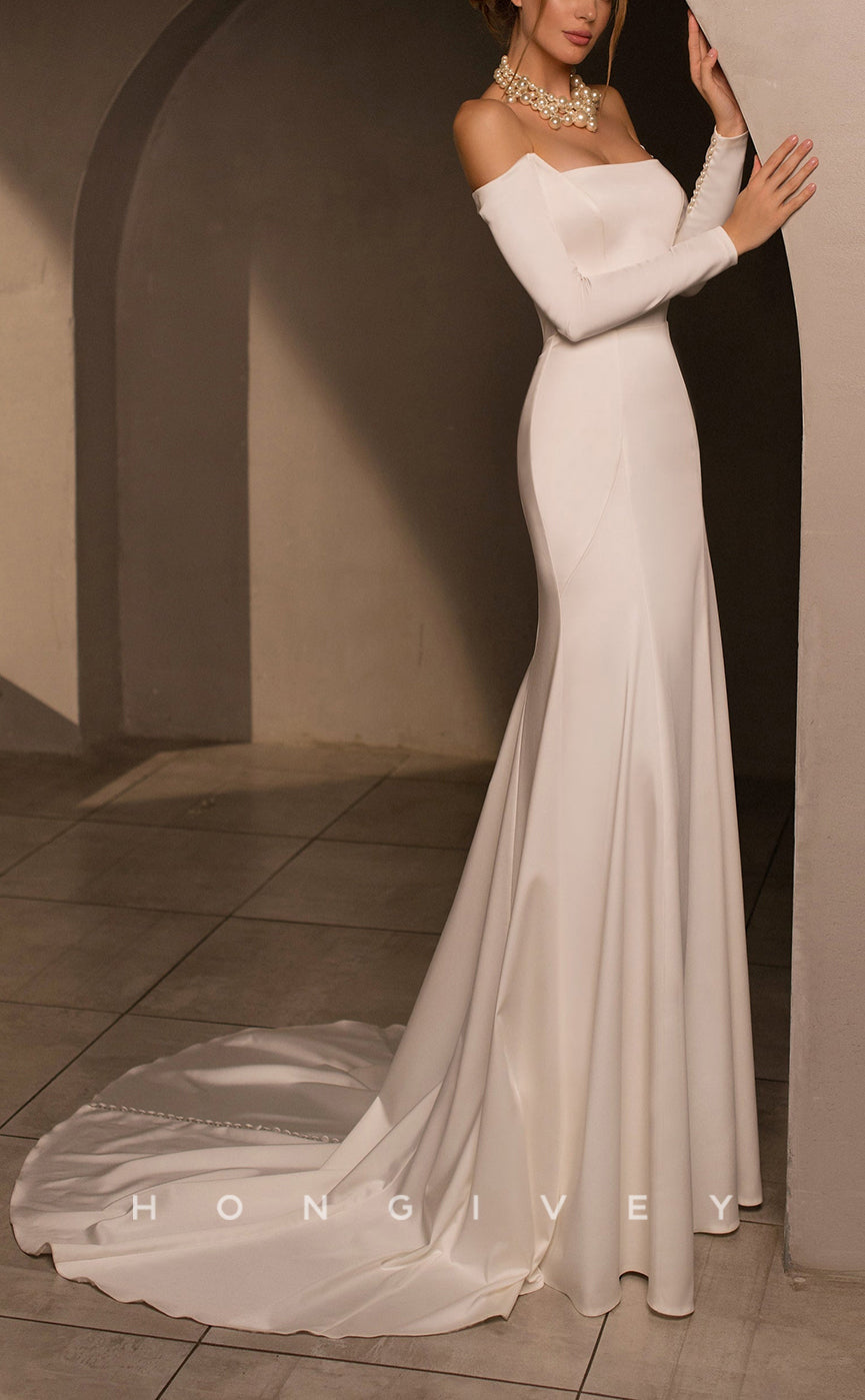 H1039 - Ornate Satin Strapless Long Sleeves Sheer Back Beach Wedding Dress - Fashionpara