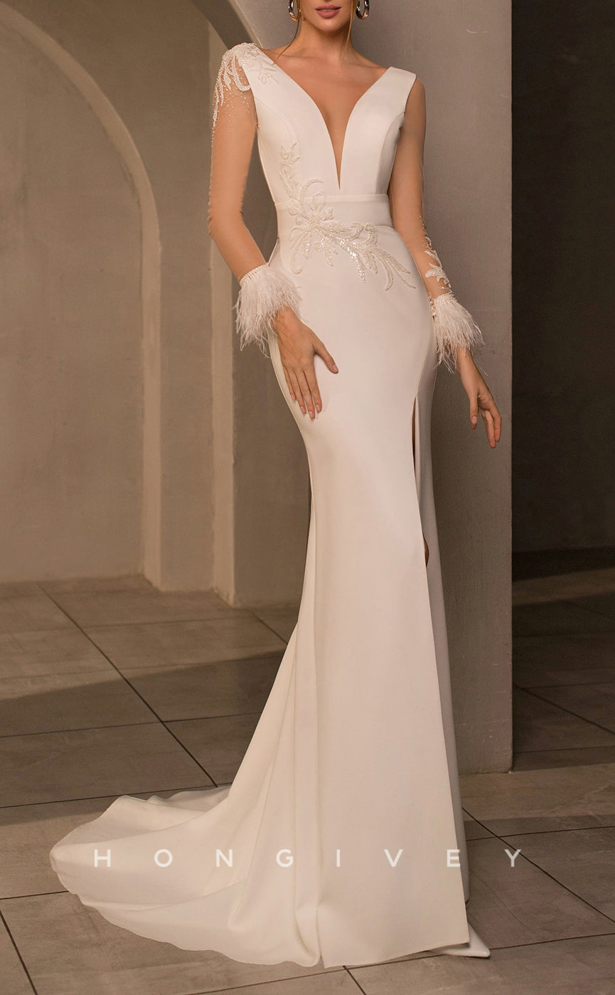 H1062 - Elegant & Luxurious V-Neck Backness Lace Long Sleeves With Feathers Wedding Dress - Fashionpara