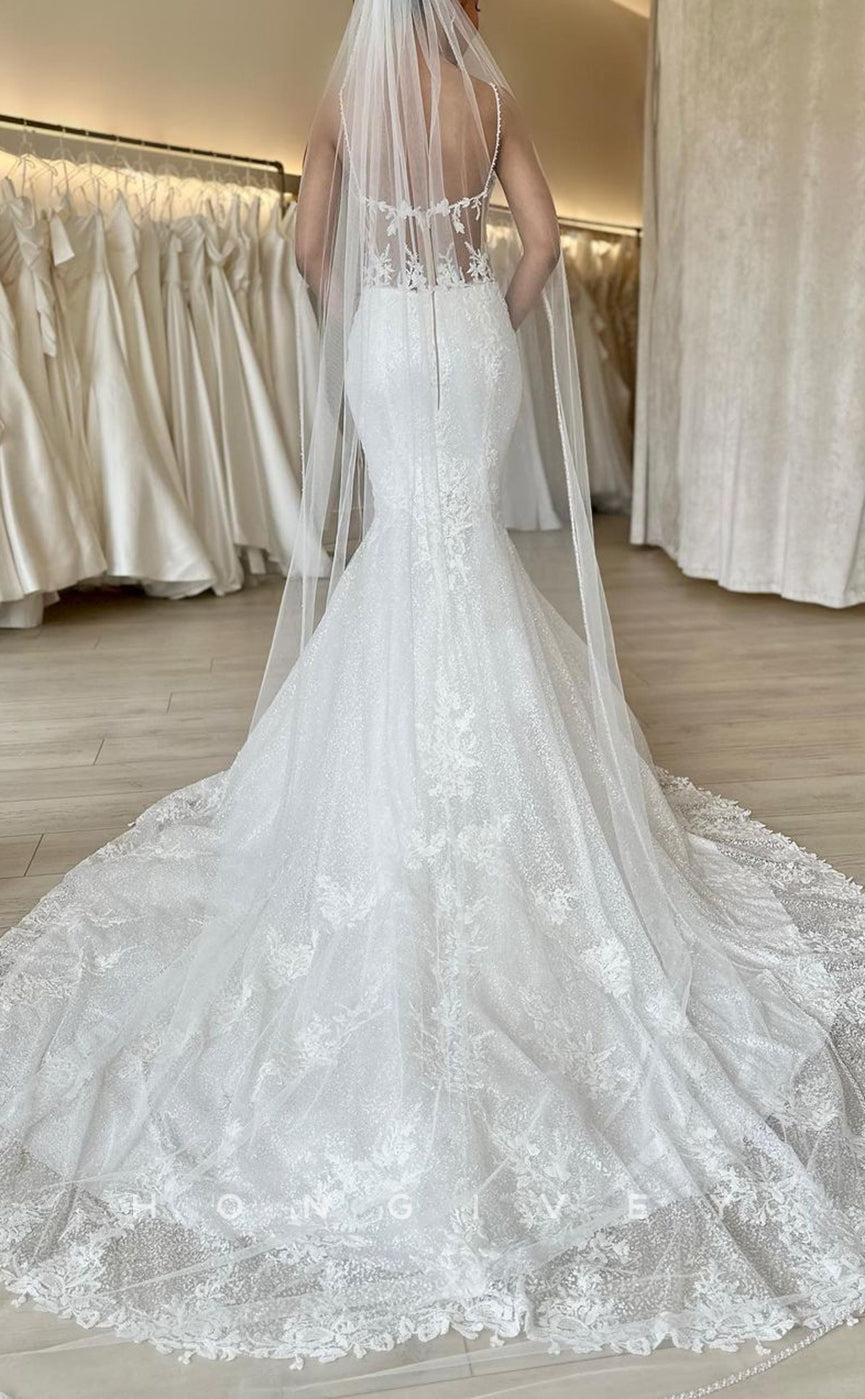 H1094 - Classic Sweetheart Spaghetti Straps Appliques Mermaid With Train Boho Wedding Dress - Fashionpara