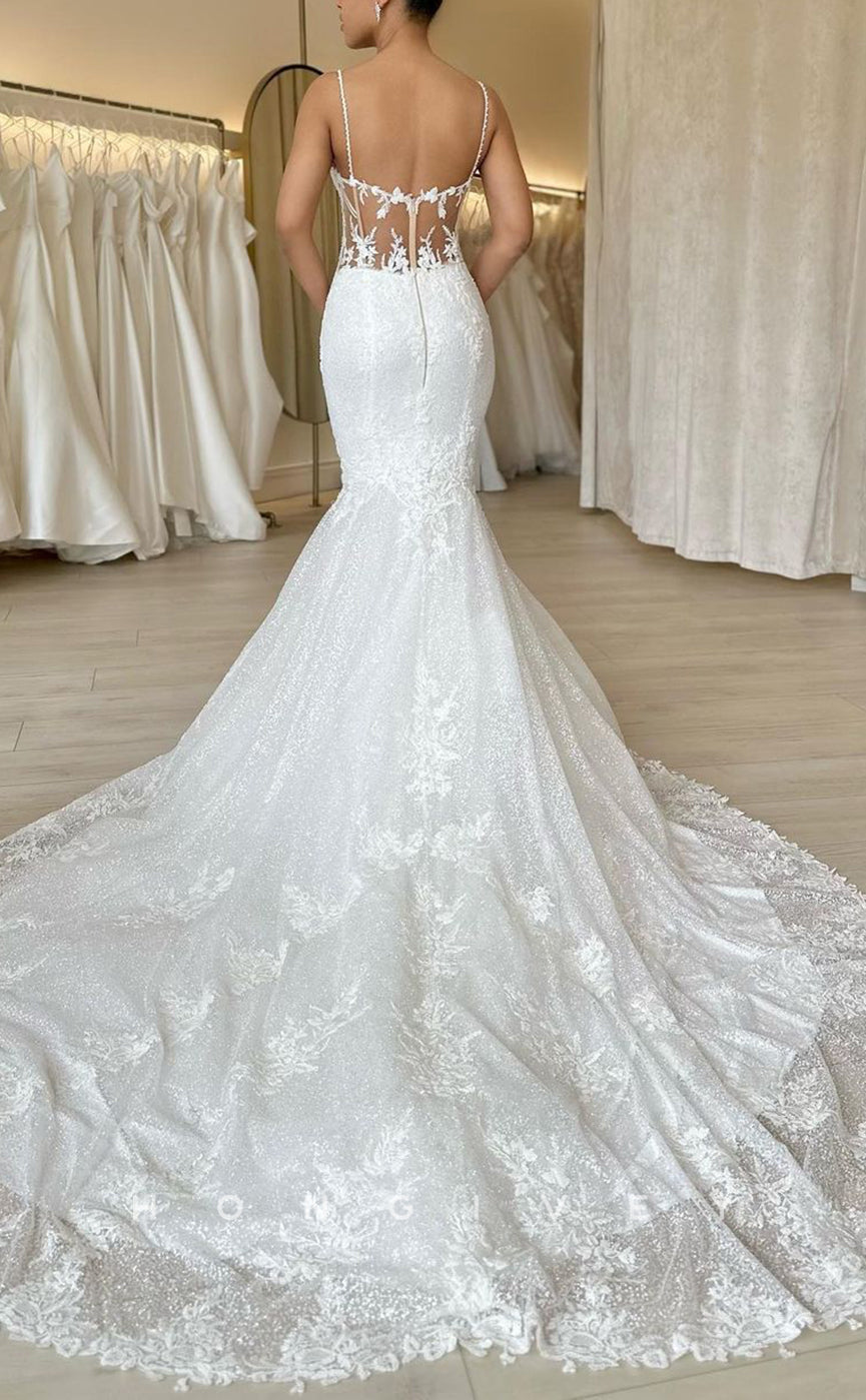 H1094 - Classic Sweetheart Spaghetti Straps Appliques Mermaid With Train Boho Wedding Dress - Fashionpara