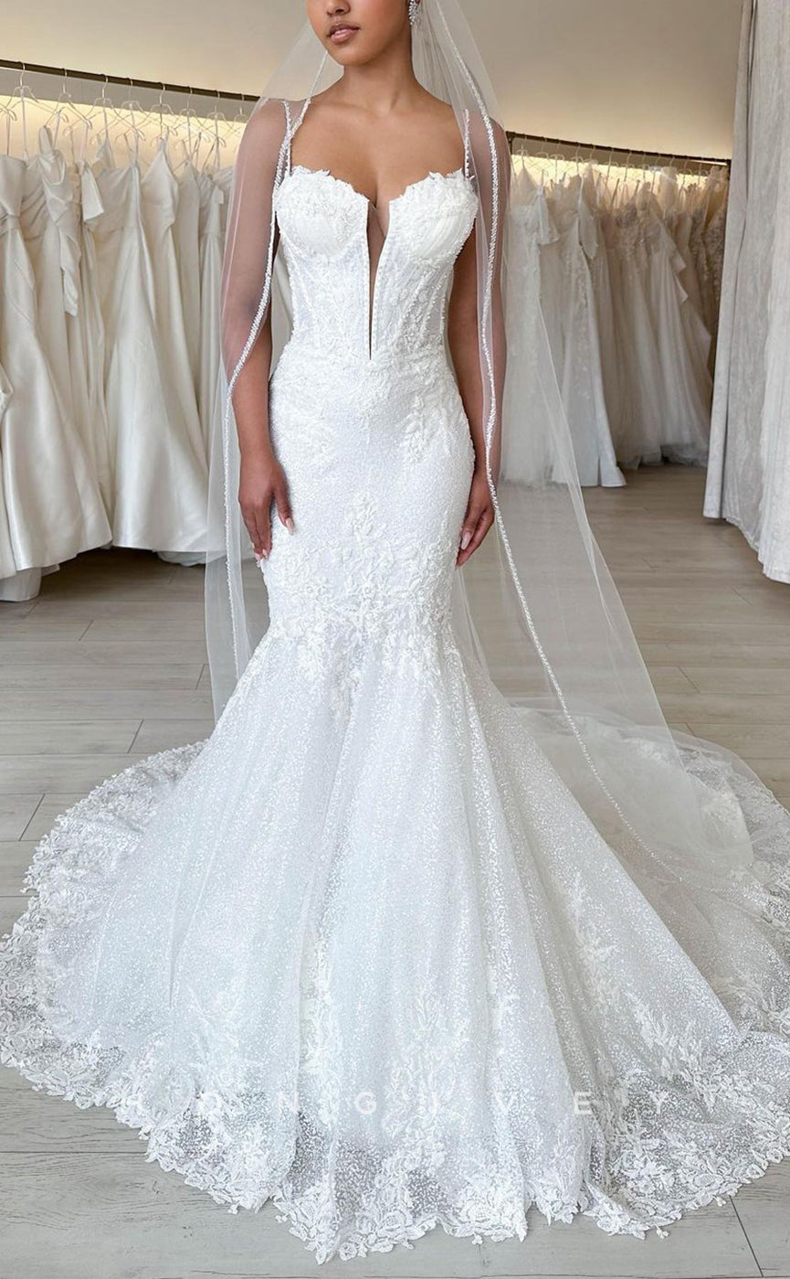 H1094 - Classic Sweetheart Spaghetti Straps Appliques Mermaid With Train Boho Wedding Dress - Fashionpara