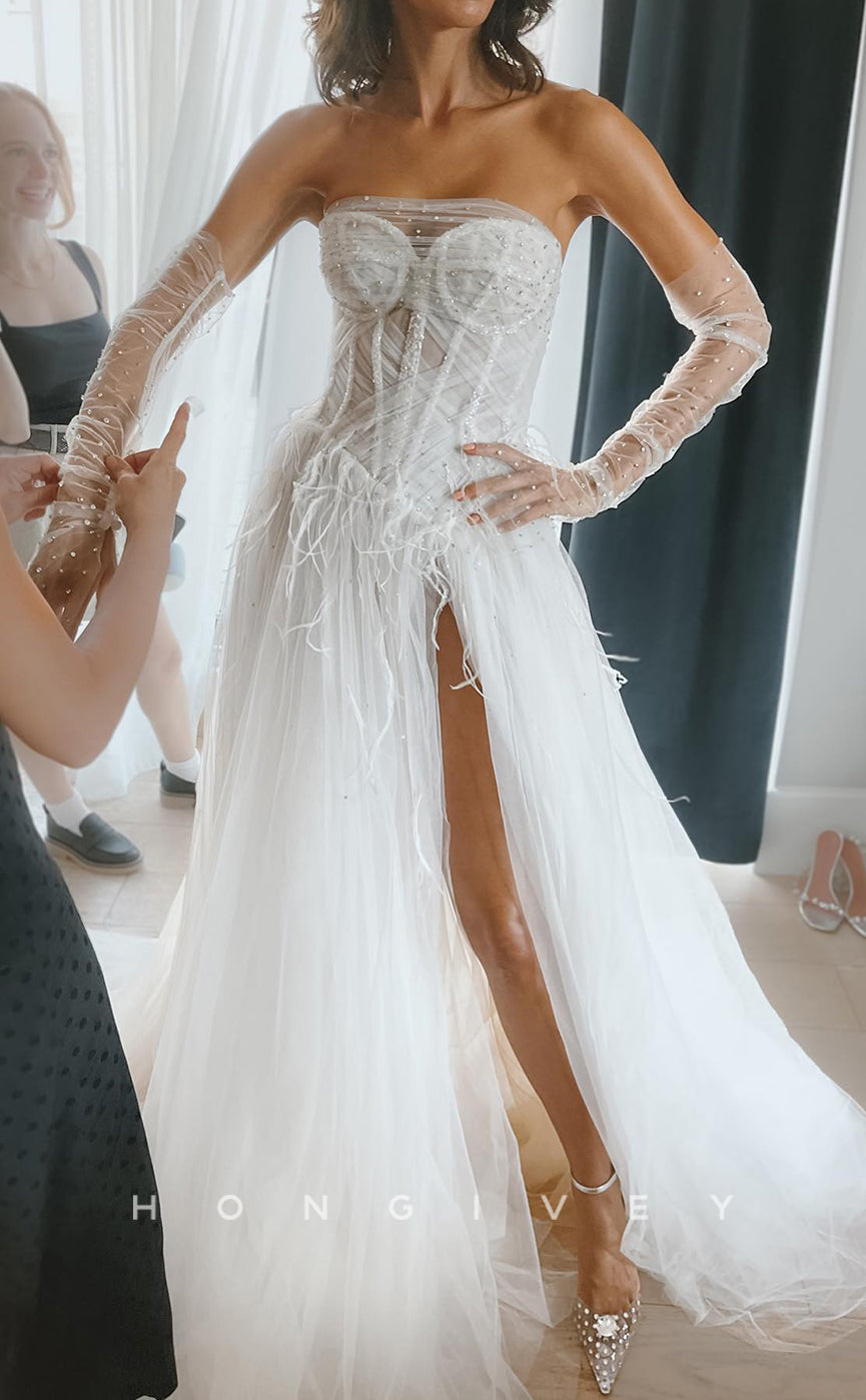 H1202 - Sexy Tulle A-Line Illusion Sweetheart Sleeveless Feathers Beaded With Side Slit Train Wedding Dress - Fashionpara
